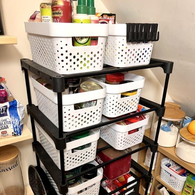 Downsizing a kitchen and using clever storage solutions for baskets