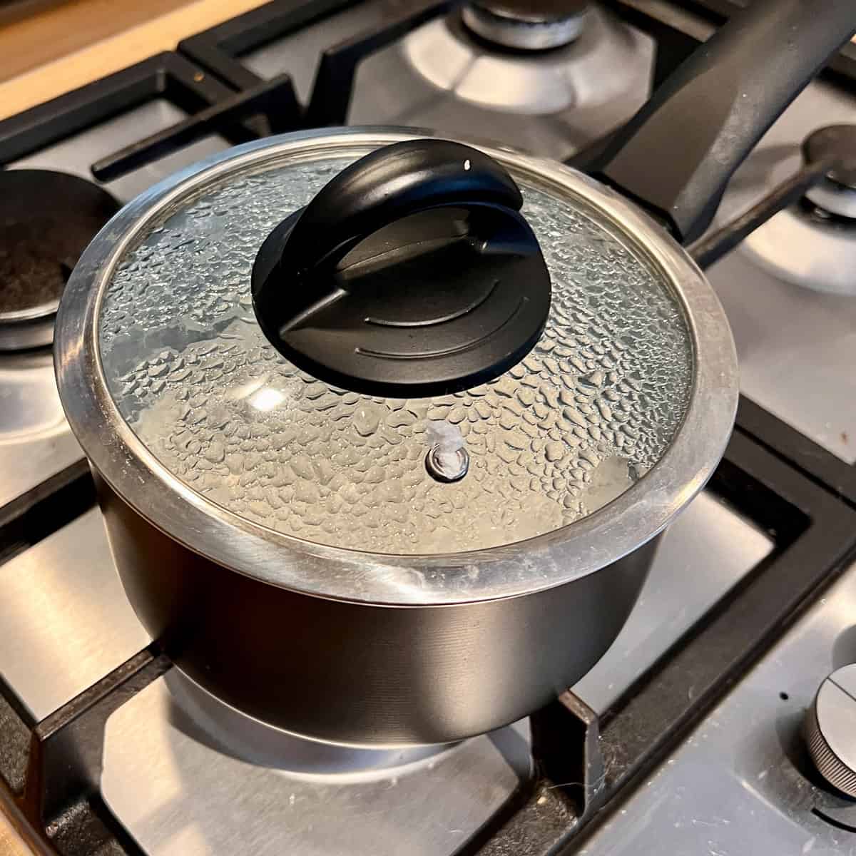 Pan of rice with a lid steaming.