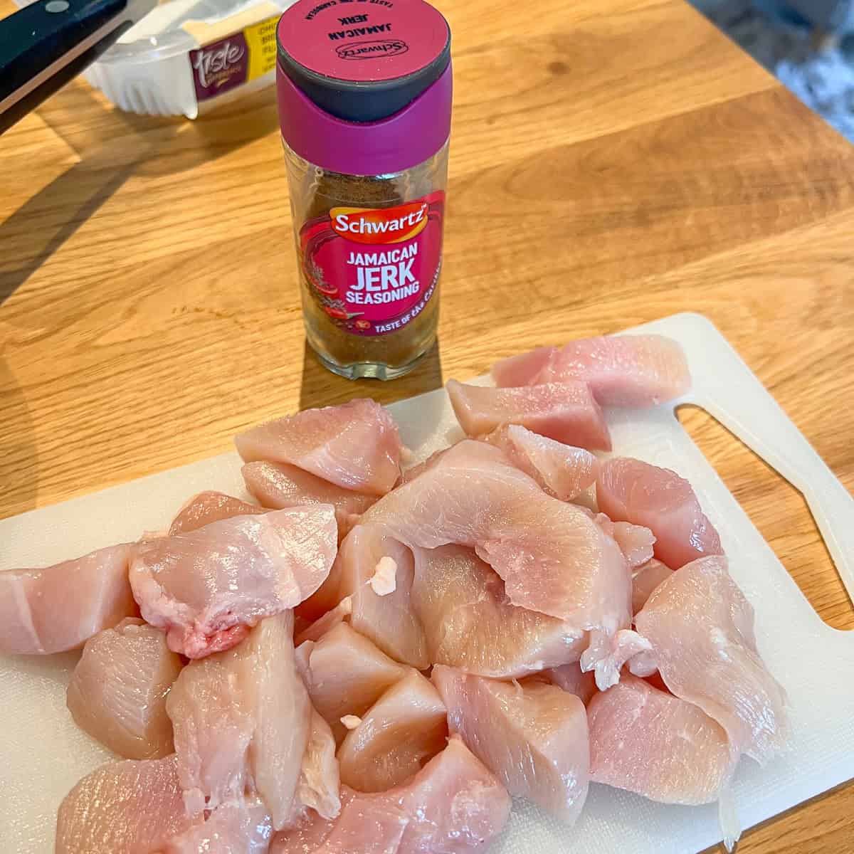 Diced Chicken with Schwartz Jamaican Jerk Seasoning.