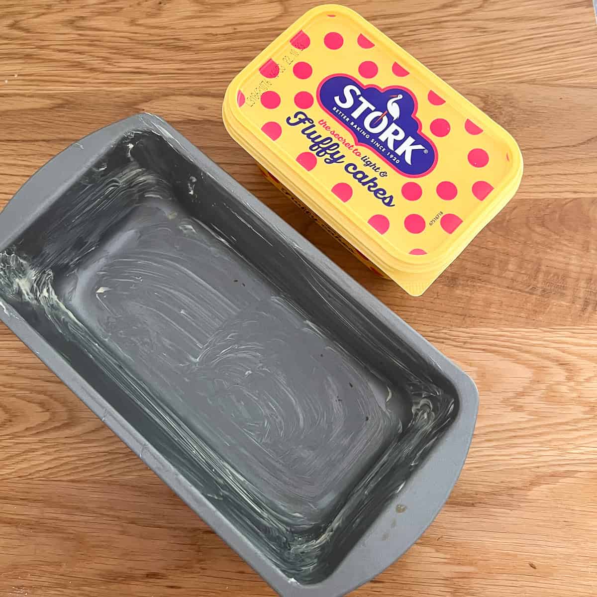 Bread loaf tin greased up with Stork.