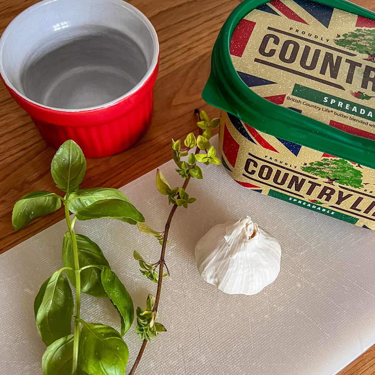 Ingredients for home made garlic and herbs butter.