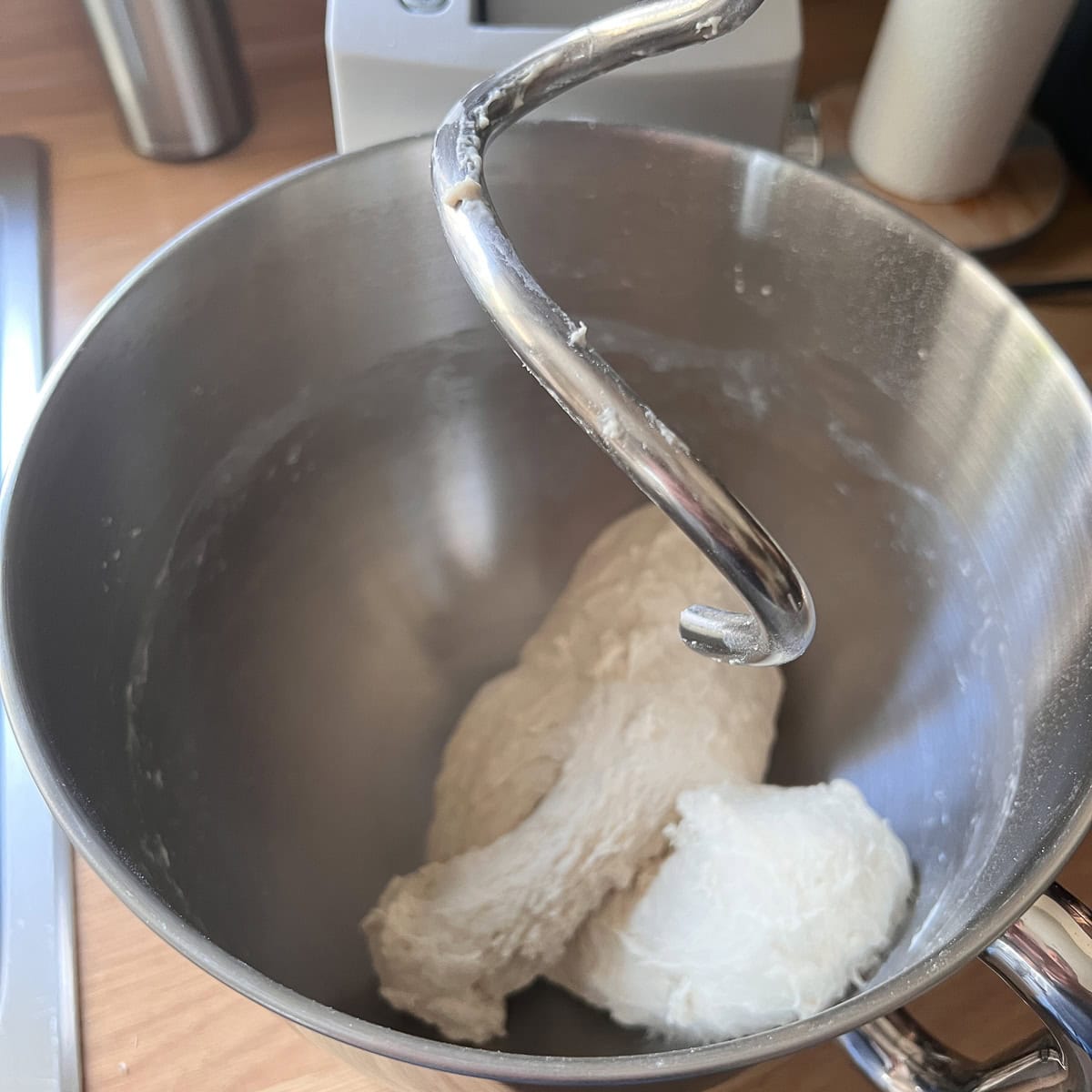 Dough part way mixed after 5 minutes.
