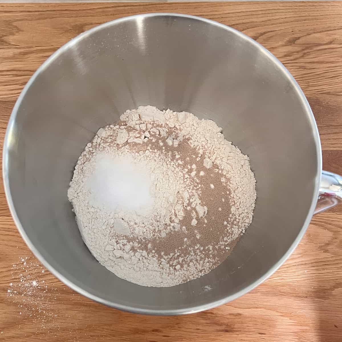 Flour, yeast and salt in a mixing bowl.