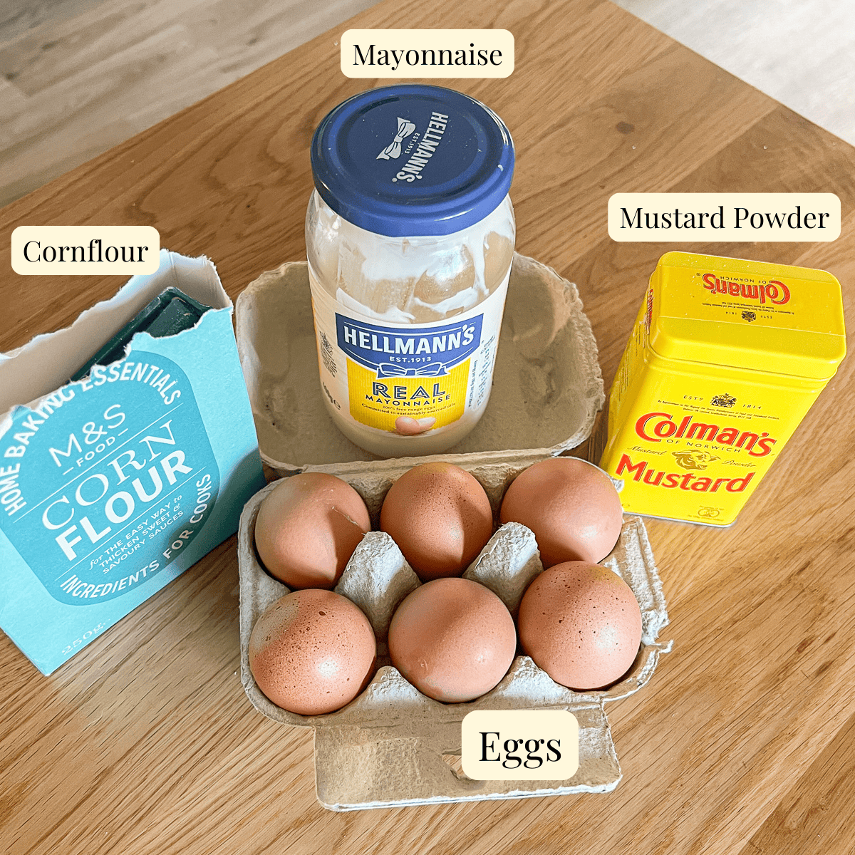 Ingredients for egg mayonnaise and mustard sandwich filler.