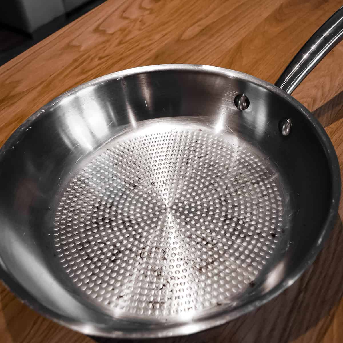Shallow frying pan close up.