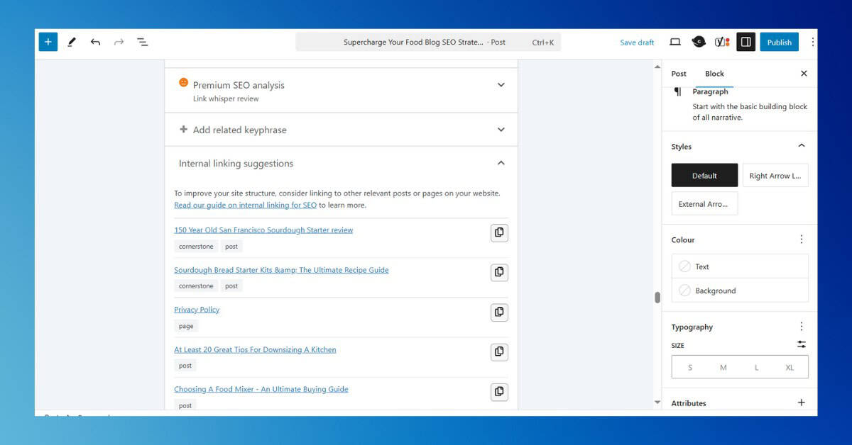 Yoast SEO internal linking suggestions window.