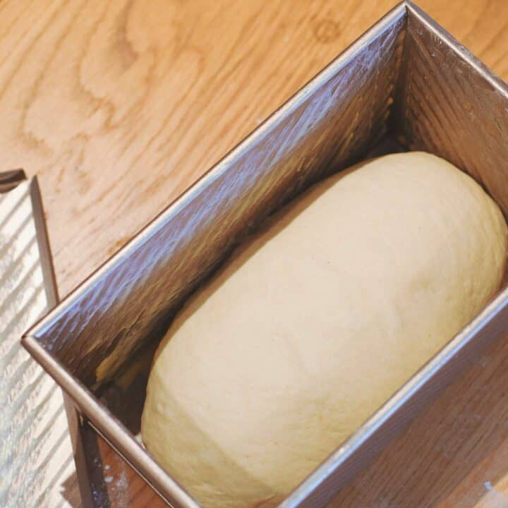 Dough being placed in a greased pullman loaf tin.