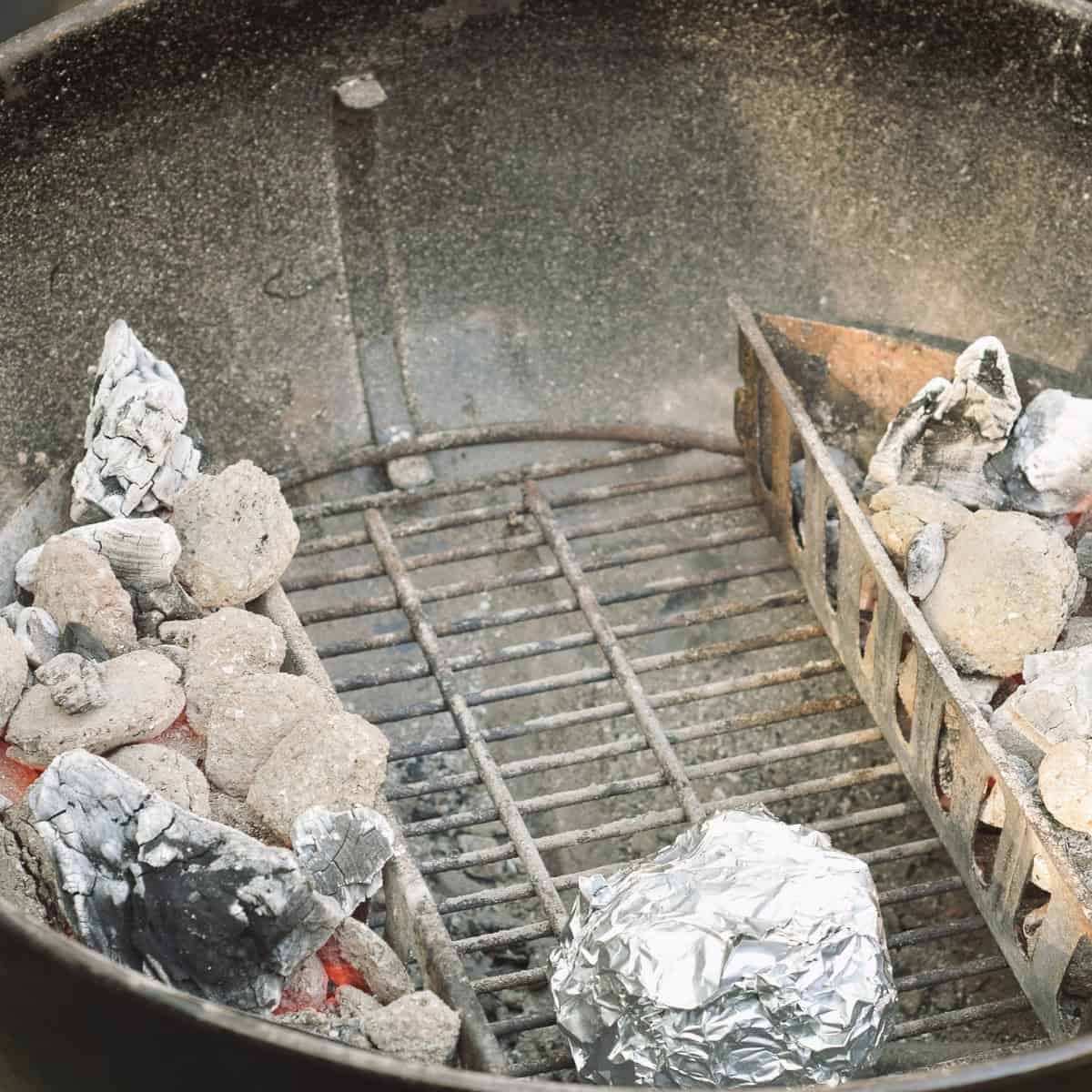 Coals set up in indirect heat method.