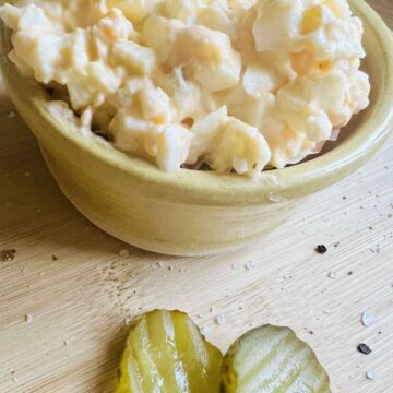 Egg and Pickle Mayo BBQ side in a disk with pickles