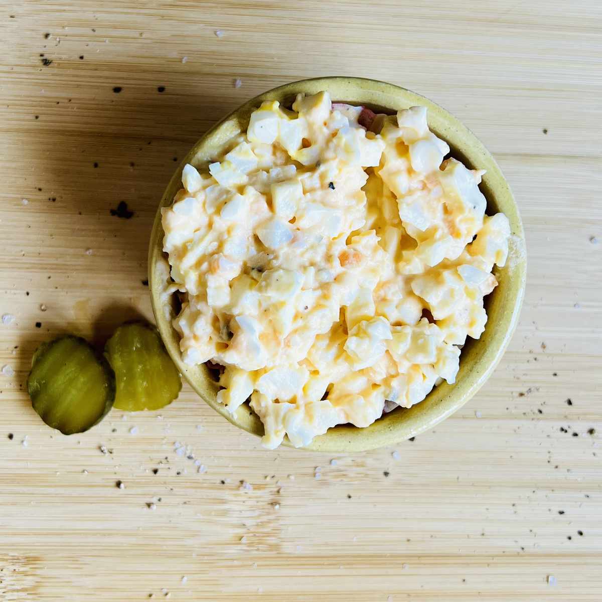 Egg and Pickle Mayo BBQ side from above with pickles