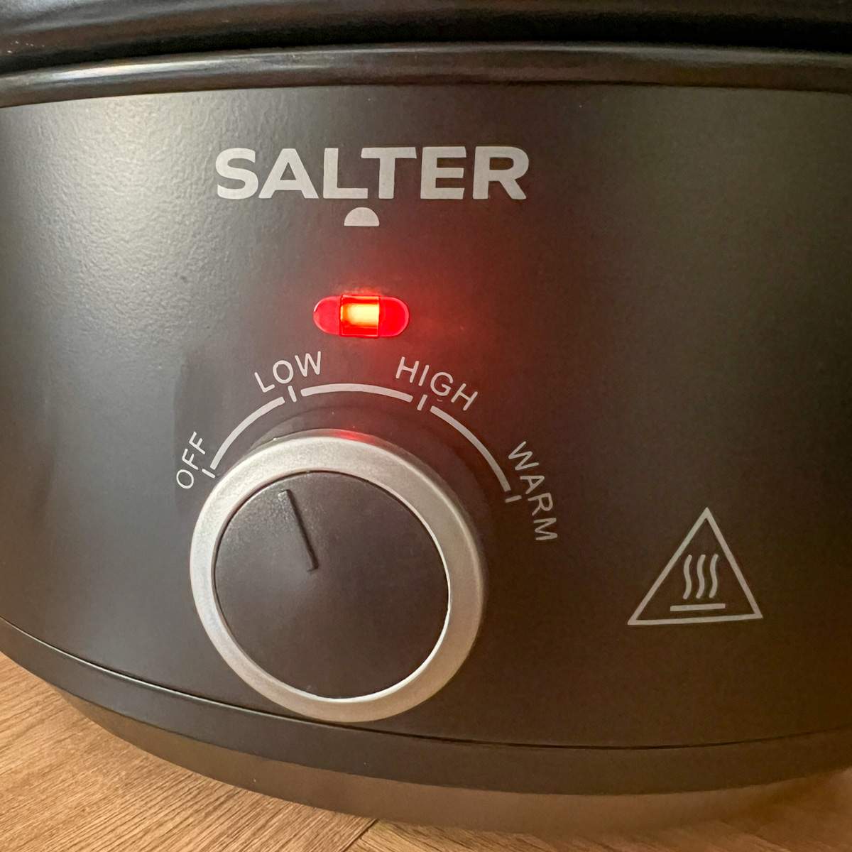 Salver slow cooker set to Low.