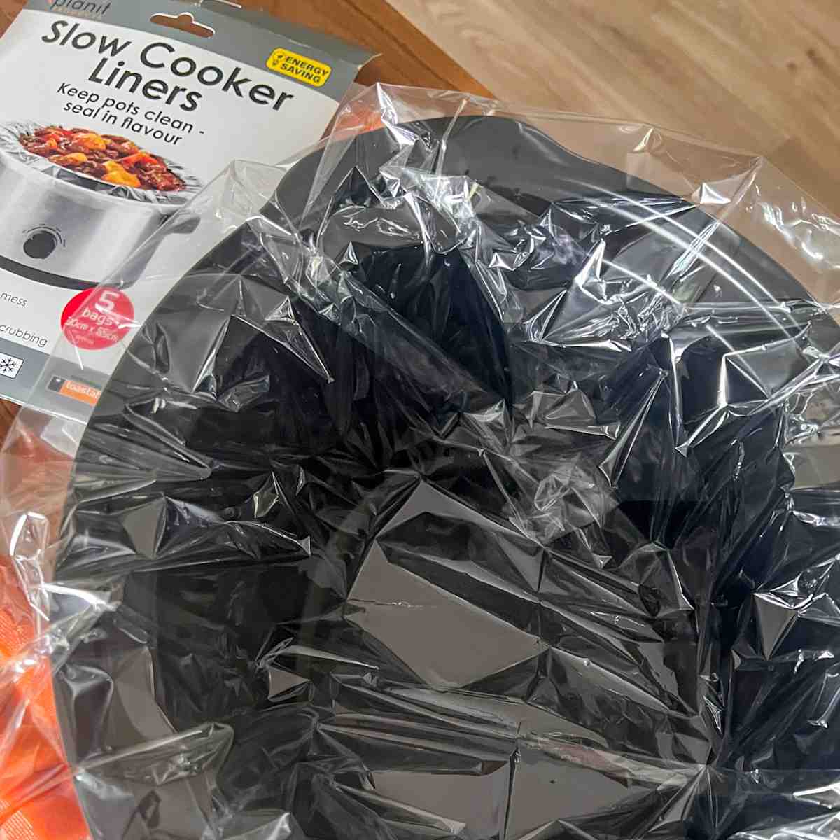 Slow cooker liner in slow cooker.