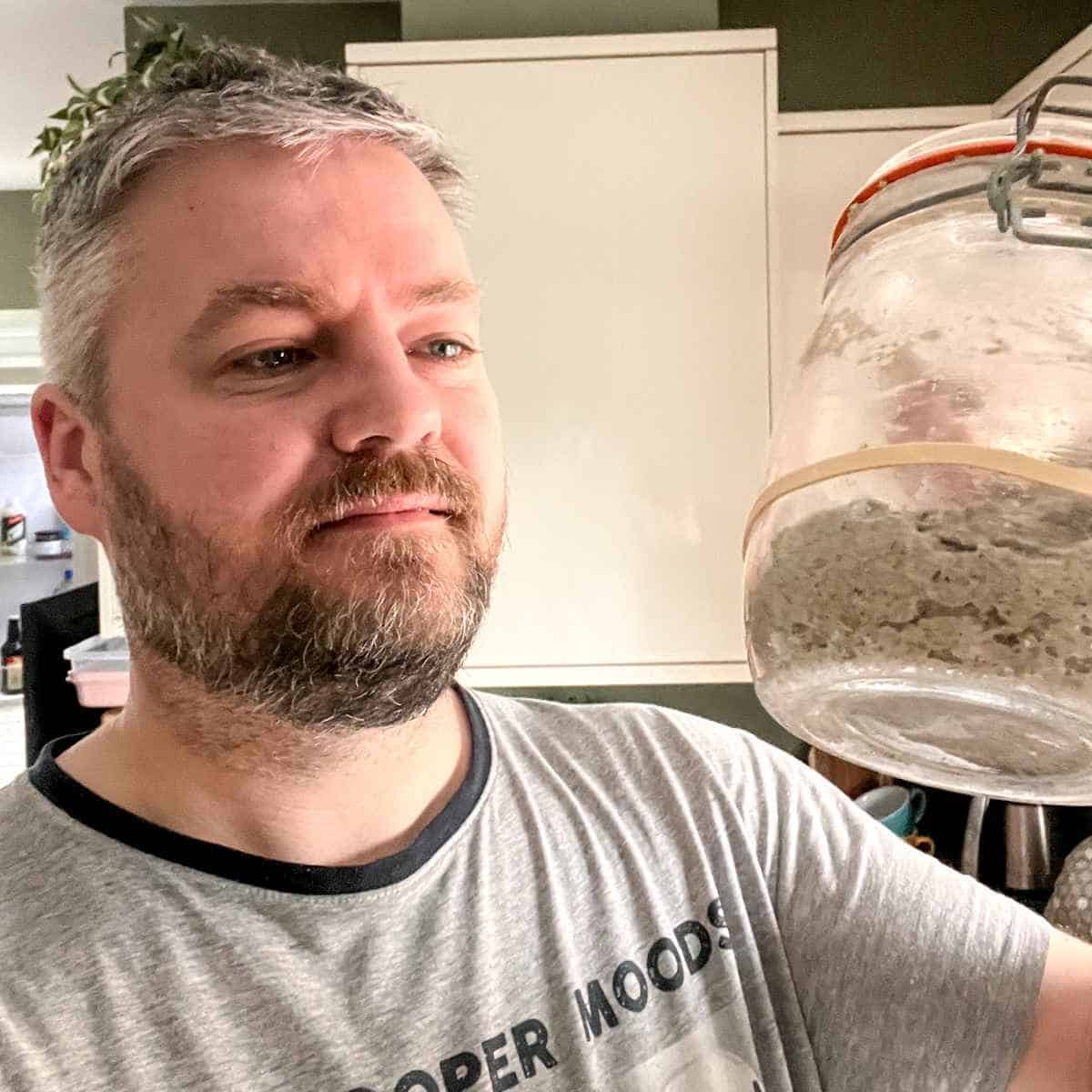 Feeding my sourdough starter in my pyjamas.