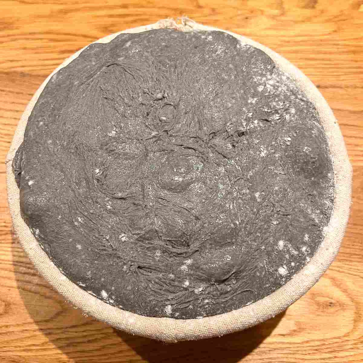 Charcoal sourdough proved in basket.