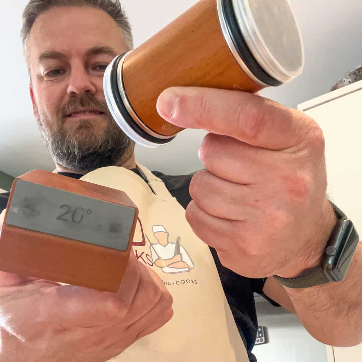 Kitchen knife sharpener held by Dad What Cooks.