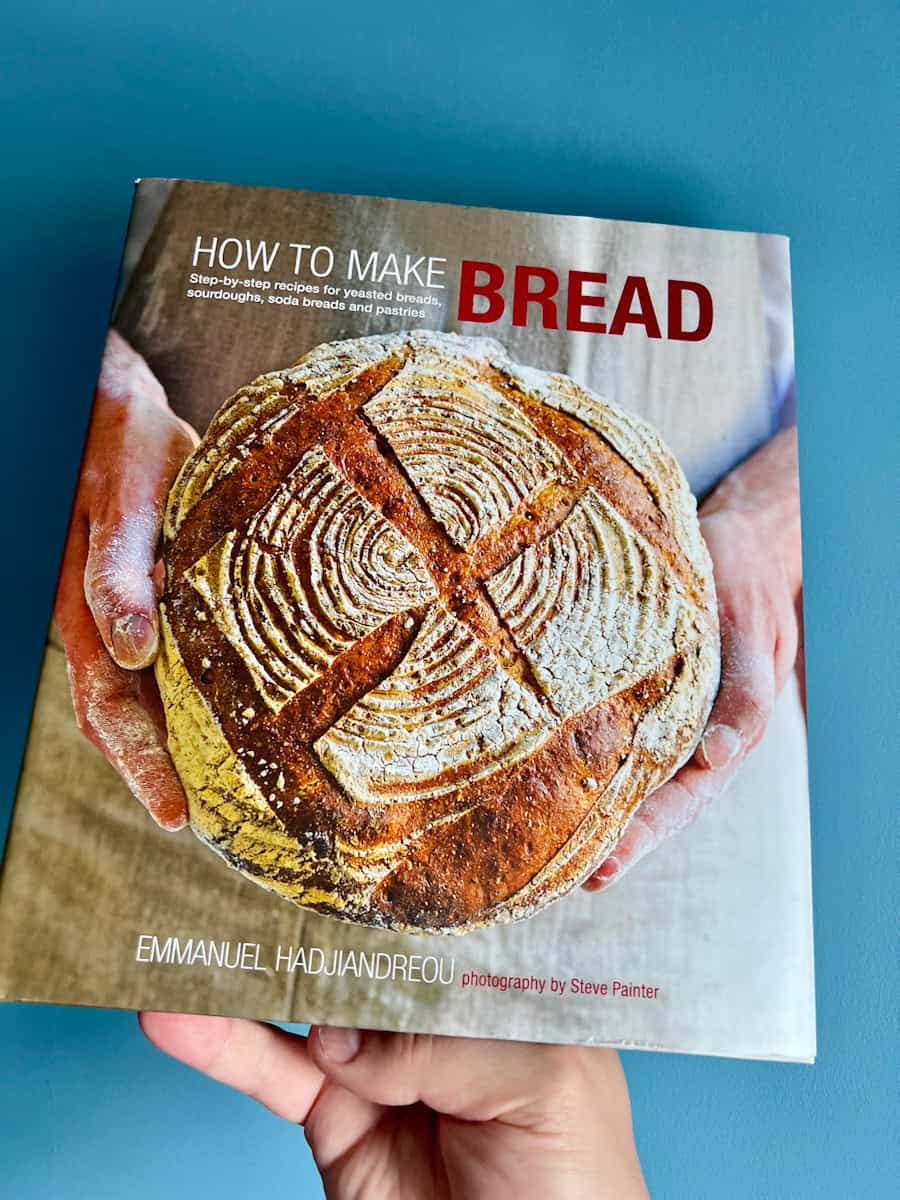 Sourdough bread book being held by hand.