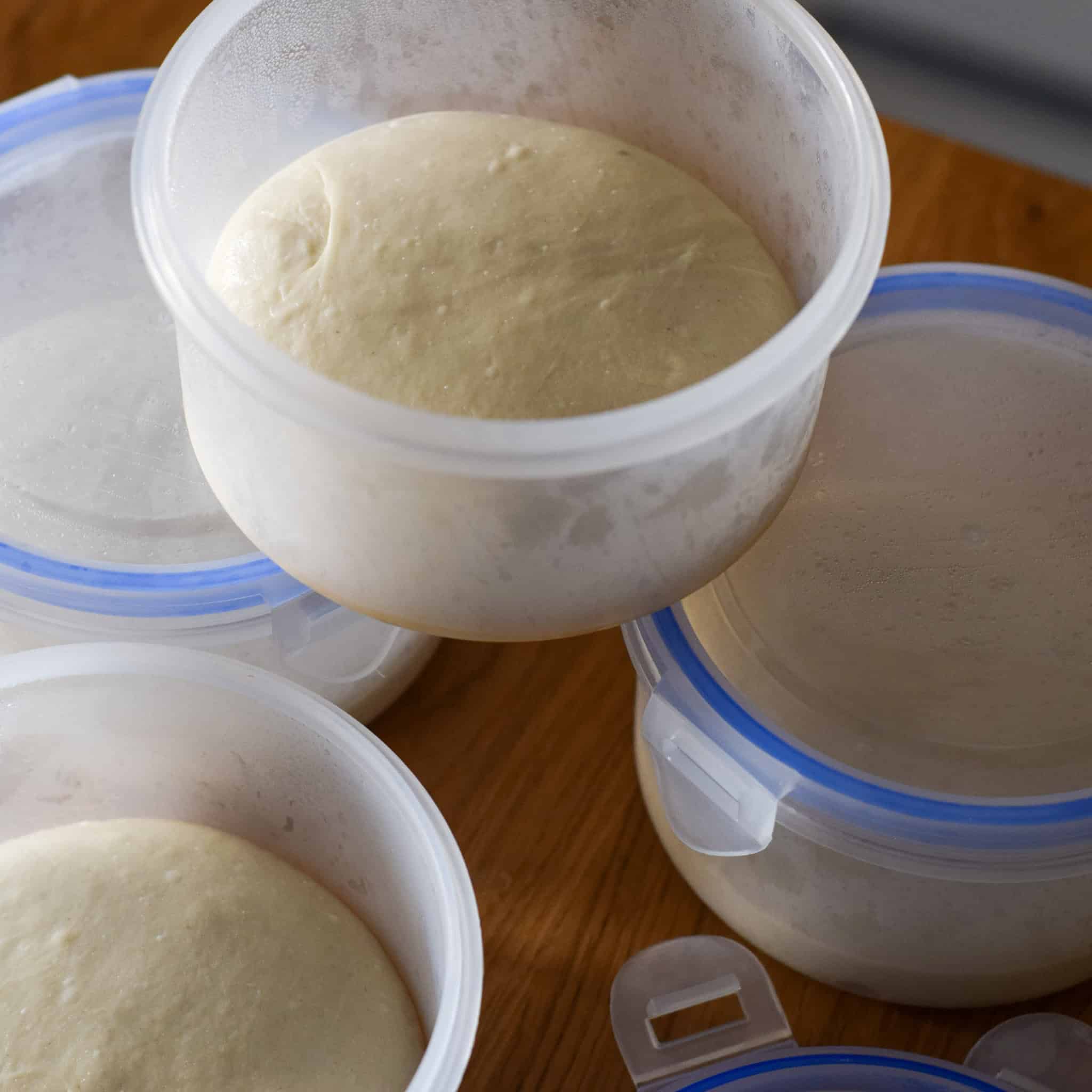 Pizza dough proving in a tub.