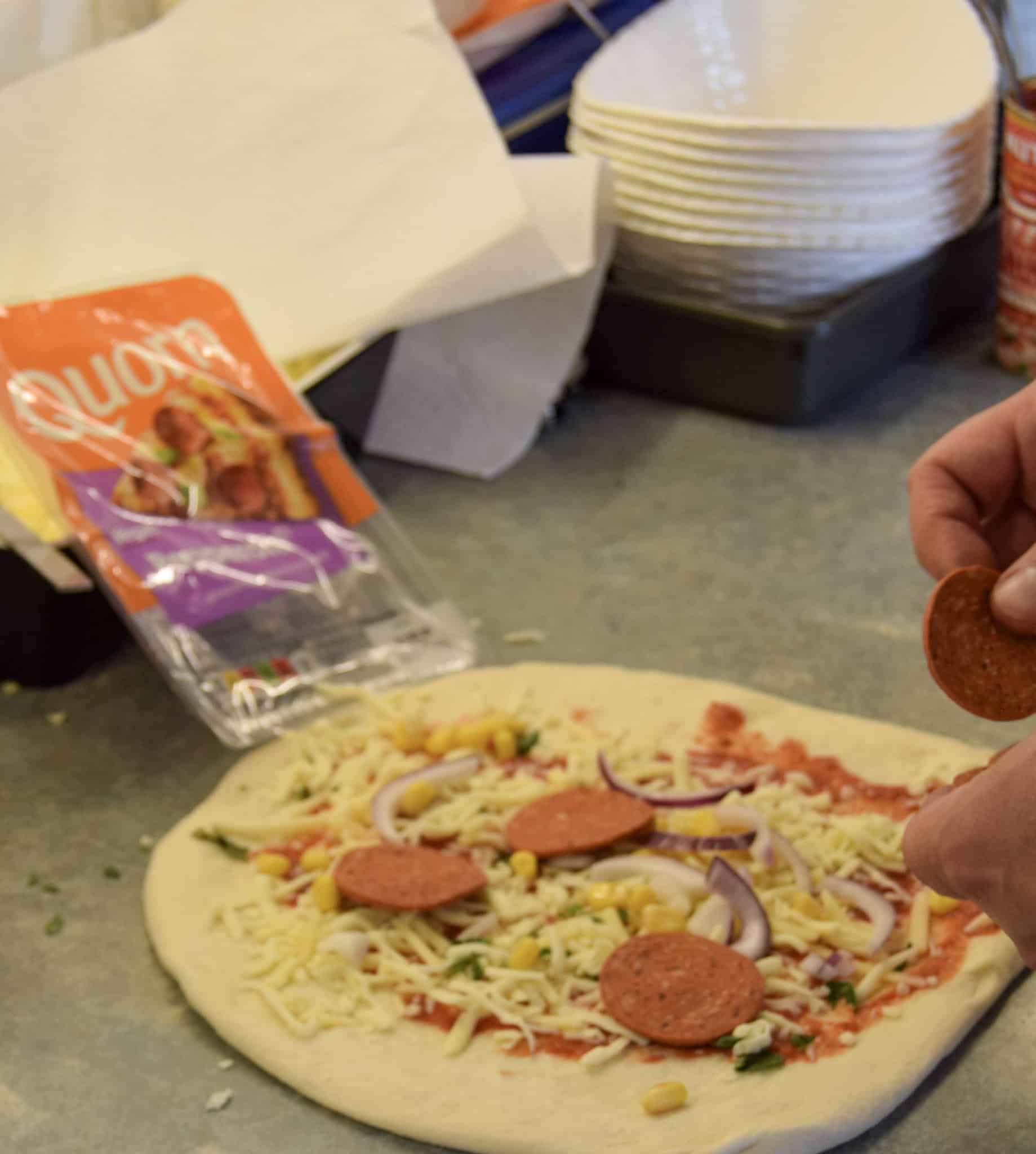 Quorn pepperoni pizza toppings.